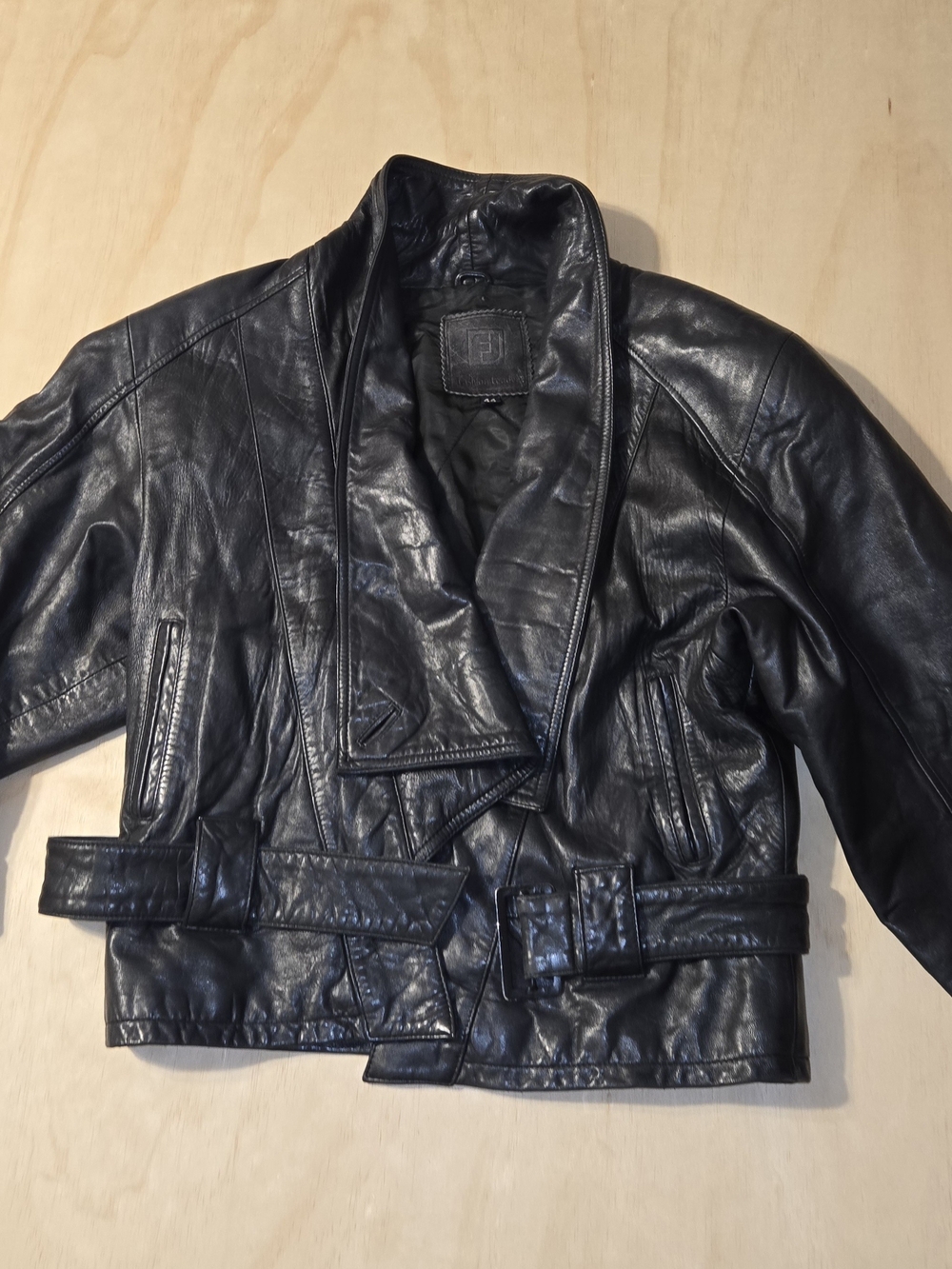 Black Leather Belted Women's Jacket Size 44/ 8